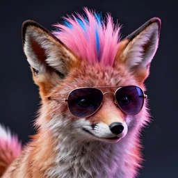 fennec fox, pink and blue mohawk hairstyle, furry, aviator sunglasses, synthwave style, portrait, artstation, detailed, award winning, dramatic lighting