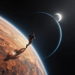 running at the edge of space, toward a planet, reaching the abyss, calm, digital art, extremely detailed, artstation, wlop, cinematic