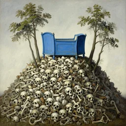 an old blue cradle on top a huge pile of bones with trees growing out of the pile, painted by Zdzisław Beksiński