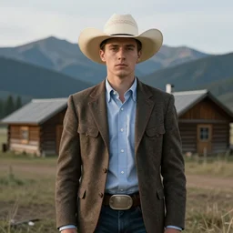 a beautiful ethereal homoerotic portrait of a cowboy wearing a union suit | he's wearing a cowboy hat | background is a cabin in the mountains | trending on artstation
