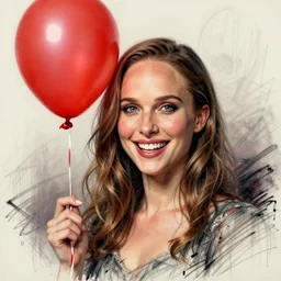 surrealism grunge cartoon portrait sketch of natalie portman with a wide smile and a red balloon by - michael karcz, loony toons style, mad max style, horror theme, detailed, elegant, intricate