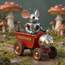 adventurer ( ( ( ( ( 1 9 5 0 s retro future robot android mouse wagon. muted colors. background of mushrooms and moss ) ) ) ) ) by jean baptiste monge!!!!!!!!!!!!!!!!!!!!!!!!! chrome red