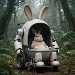 dark night oversized battle rabbit robot chubby fatmech trailer bucket bowl wheelchair with big ears with rabbit sitting inside, in jungle forest, full body, nighttime, cinematic focus, technicolor photo, vintage, neutral dull colors, soft lights, foggy, overcast by oleg oprisco, by thomas peschak, by discovery channel, by victor enrich, by gregory crewdson