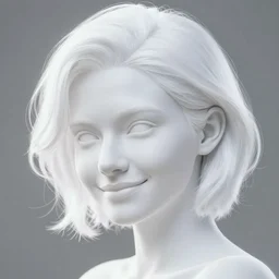 portrait of a female human with white skin, white hair, white eyes without pupils, slightly - pointed ears, short wavy hair, eyebrow scar, trending on artstation, ethereal, gentle smile, friendly, glowing, angled
