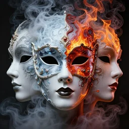 3 d beautiful face, face in the center. beautiful glossy intricate highly detailed venetian mask. ice, milk, lava, flame, smoke, artwork by tooth wu and wlop and beeple and greg rutkowski, 8 k trending on artstation, volumetric lighting