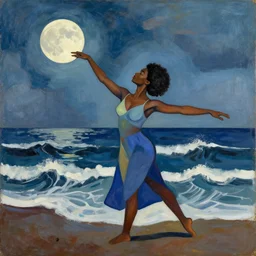 black woman dancing joyfully by the ocean waves, she stretches herself towards the moon, abstract art in the style of cubism and georgia o keefe