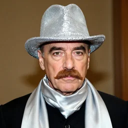 color photo of vincent price with a walrus mustache, wearing silver shriner like velvet sequin hat, wrapped in a silver silk scarf, nehru wizard jacket