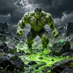 glowing green rocks, toxic sludge, like where the hulk would live, landscape