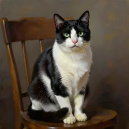 a black and white cat sitting on a chair portrait oil painting