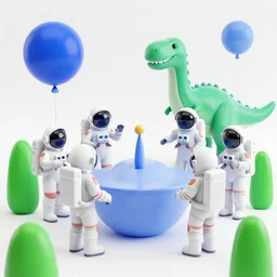 Astronauts are having a party with green aliens and some dinosaurs on a blue comet and a red dwarf is as background, by Jordan Grimmer digital art, trending on Artstation,