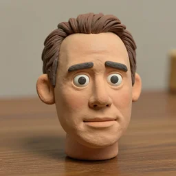 michael keaton !!! very extremely realistic!!! extreme likeness!!! smooth specular clay! extremely close smooth specular sculpted headshot of michael keaton clay puppet , soft light, on wooden table. style: claymation puppet kids clay , by guldies