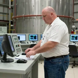 heavyset bald man wearing a white shortsleeved shirt and blue jeans working in a nuclear silo control room by Roger Deakins
