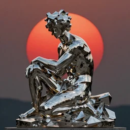 realistic 8k Bernini Sculpture of random reflective metal pieces forming the shape of a person silhouetted by a red sun, smooth, sharp focus, 24mm lens, DOF, hyper realistic, art by Artem Demura and Greg Rutkowski and Ruan Jia