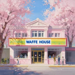 painting of waffle house front view, rococo style, greek architecture, pink marble building, sakura trees, sakura season dynamic lighting, landscape, artwork by jeremy lipkin and giuseppe dangelico pino and michael garmash and rob rey and greg manchess and huang guangjian and makoto shinkai, pixiv, 1 0 0 mm