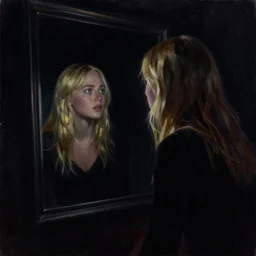 silhouette of a Elle Fanning gazing in a mirror, pitch black room, extremely detailed realist masterpiece, oil on canvas, low-key neon lighting, artstation, Blade Runner 2049, Roger Deakin’s cinematography, by J. C. Leyendecker and Adam Miller,