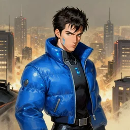 megaman x still robotic man look at the cityscape from roof perfect face fine realistic face pretty face neon puffy jacket blue futuristic sci - fi elegant by denis villeneuve tom anders zorn hans dragan bibin thoma greg rutkowski ismail inceoglu illustrated sand storm alphonse mucha