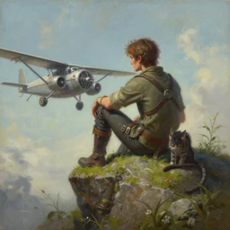 a painting of a person sitting on a rock with a cat and a plane at the side, an ultrafine detailed painting by mandy jurgens, featured on deviantart, fantasy art, 2 d game art, ilya kuvshinov, steampunk