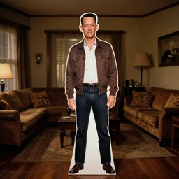 cardboard cutout of tom hanks in an empty, dimly lit 1 9 7 0 s living room interior, flash enabled, liminal space, weirdcore