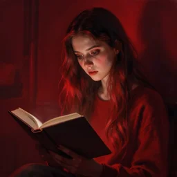 a girl reading a book. long hair. atmospheric red lighting. scary. highly detailed digital painting by greg rutkowski. sharp focus. 8 k.