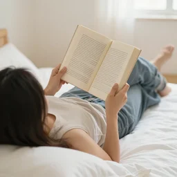 person lounging on a pillow reading a book