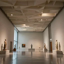 interior of a hallroom of a museum with amazing ambient and 3 d layered ceiling with reflection in floors and sculptures in corners