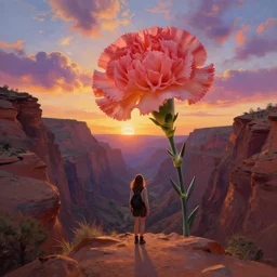 giant carnation flower as a head, girl hiking in a canyon, surreal photography, sunrise, dramatic light, impressionist painting, colorful clouds, digital painting, artstation, simon stalenhag
