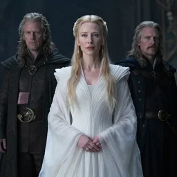 Cate Blanchett as Galadriel, dressed in a beautiful white dress, cinematic lighting, magical atmosphere, character concept art by Craig Wylie, Marc Simonetti, Rembrandt