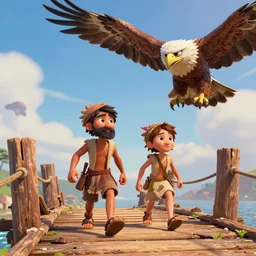 two peasant heroes flee across a rickety wooden bridge from a giant eagle who swoops down in pursuit with talons extended. Pixar and Disney animation, sharp, Rendered in Unreal Engine 5, new video game concept art, redshift, dramatic lighting