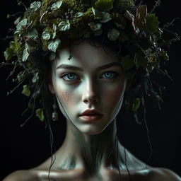 a portrait of beautiful girl by irakli nadar and stefan gesell with intricate detailed in a black background, moss and leaves headdress, melting wax, mycelia, abstract impressionism, ruan jia, dark fantasy, hyper detailed, concept art, by gustav klimt, by sue bryce, moody lighting