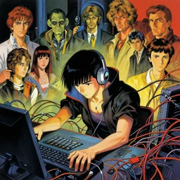 cyberpunk man hacking, 8 0's sci - fi, a lot of cables and wires around, by ayami kojima, by francis bacon, by amano, by karol bak, greg hildebrandt, by mark brooks, by alex grey, by zdzisław beksinski, by takato yamamoto, vintage sci - fi, ultra detailed