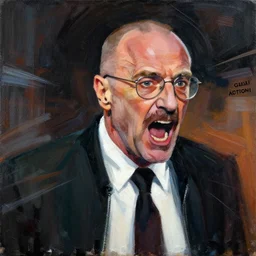 saul goodman, screaming, painting by phil hale, giger,'action lines '!!!, graphic style, visible brushstrokes, motion blur, blurry