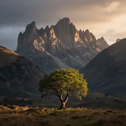 award winning landscape photography by colin prior, lone tree in foreground with jagged highland mountains in background, morning light, dramatic lighting, atmospheric