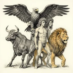 creature with with four faces : eagle, bull, man, lion. drawn by zdzislaw beksinski
