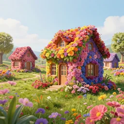 a beautiful detailed surreal houses made from flowers in a serene landscape, janifer conelli landscape photography composition, vivid colors, octane render, redshift render