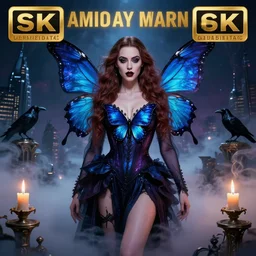 hyperrealistic portrait of amber heard as a vampire witch thigh, sapphire butterflies wings, lit candles ornate raven mystic fog smoke, above the clouds skyscrapers. by jeremy mann, ( bouguereau ), ( ( ( alma tadema ) ) ), fantasy art, photo realistic, dynamic lighting, artstation, poster, volumetric lighting, 4 k, award winning