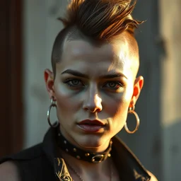 beautiful portrait of a feminine, masculine, androgynous person with a mohawk, wearing punk outfit. in the morning, natural light, sigma 8 5 mm, nikon 5 0 mm f / 1. 8 g, by lee jeffries
