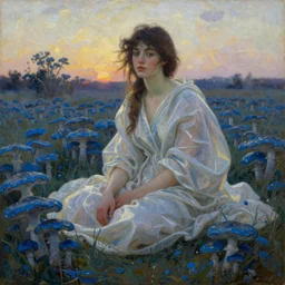 woman sitting in a field of blue mushrooms, dawn, dramatic lighting, style of old masters, rembrandt, maxfield parish, alphonse mucha, oil painting, soft translucent fabric folds