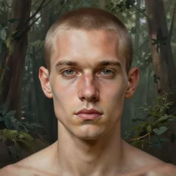 portrait of beautiful neanderthal man, woodland background, by anne stokes and larry elmore, smooth shaven face, lucian freud and drew struzan, detailed matte painting, realistic portrait, symmetrical, highly detailed, digital painting, artstation, concept art, smooth, sharp focus, illustration, cinematic lighting