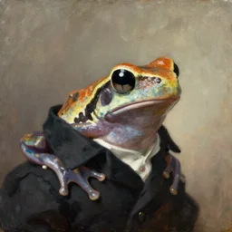 a head - and - shoulders portrait of an amazon milk frog wearing a black dress coat looking off camera, an american romanticism painting, oil on canvas, cgsociety, soft focus