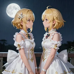 A full body portrait of two girls with golden short hair as Genshin Impact, face to face, white wearing, ornate frilly dress, full moon raining night, digital painting, concept art, highly detailed, sharp focus, art by Kyoto Animation, anime illustration, trending on Pixiv.