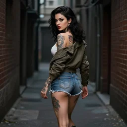 tattooed pinup girl wearing a jacket and ripped shorts walking in a dark alley, deep focus, turnaround, highly detailed, dramatic lighting, digital painting, artstation, concept art, matte, sharp focus, illustration, elegant, kim jung gi, art by artgerm and greg rutkowski and alphonse mucha.