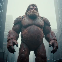 film footage of giant michael j. fox monster in a foggy city, 8 k, 8 5 mm