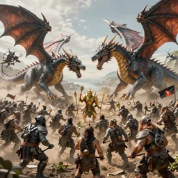 large scale battle between dragons and orcs