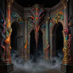 dark baroque neoclassicist halls decorated with sci - fi colorful alien organic textures. close - view, detailed iridescent textures. glowing fog, dark black background. highly detailed fantasy science fiction painting by moebius, norman rockwell, frank frazetta, and syd mead. rich colors, high contrast