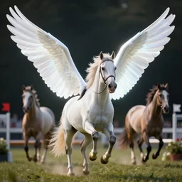 3 d render of an appaloosa horse is flapping its horse wings at a steeplechase event. the wings are luminescent white, very very smooth, very very large and unfurled. professional high quality, fantasy, photorealism, dof, bokeh, dramatic lighting