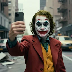 real photo of the joker doing a selfie in postapocalyptic nyc, by saul leiter, award winning, desaturated