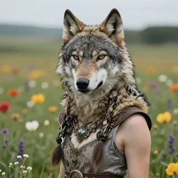 A high fantasy wolf girl standing in the middle of the field of flowers by Eddie Mendoza face close up official media beautiful detailed high quality