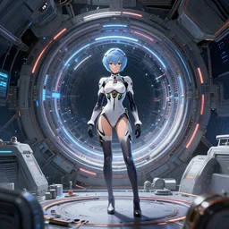 this is a digital art piece by yoshiyuki sadamoto that is trending on artstation. it is a 8 k uhd image of rei ayanami, a female anime character, inside a space station with technological rings. she is shot from the ground by yoshiyuki sadamoto. the environment is a concept design and the art is hyper realistic with intricate details.