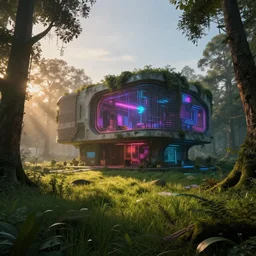 architecture by denise scott brown, san andreas laser sunlight meadow synthwave at night bladerunner 2 0 4 9 reclaimed by nature morning sun forest sci - fi at dusk bioshock scumm bar fantasy, archdaily, wallpaper, highly detailed, trending on artstation.