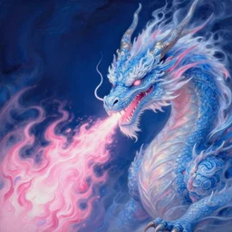 a fire breathing dragon breathing blue white and pink flames, pink fire from its mouth, surrounded by blue white and pink fire, dragon breath, hyperrealistic, highly detailed, intricate, elegant, smooth, dnd, fantasy illustration, 4 k, cgsociety, artstation, oil painting by sandara tang, greg rutkowski, artgerm, wlop